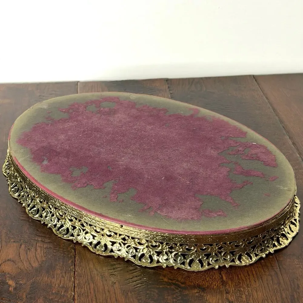 Vintage Gold Tone Filigree Mirrored Vanity Tray 13x10